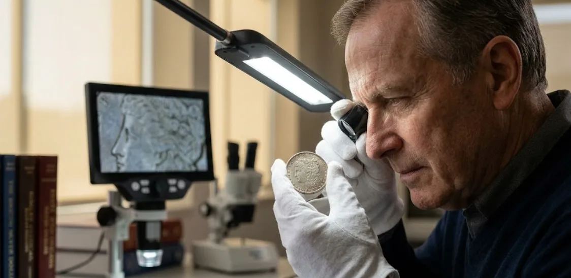 Numismatic expert inspecting a Morgan Silver Dollar through a jeweler's loupe under LED light