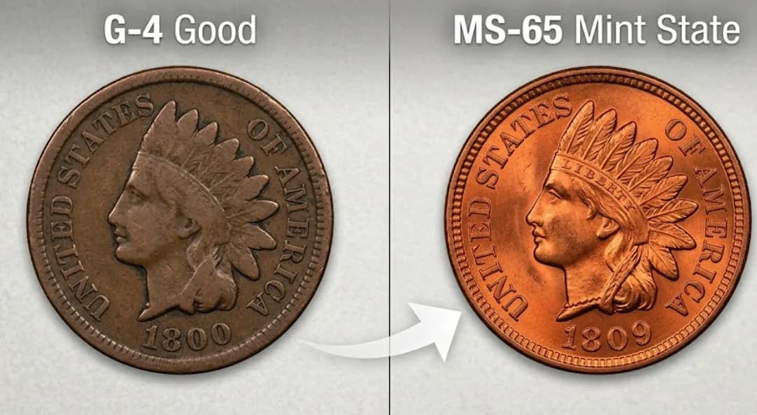 Side-by-side comparison of an Indian Head Penny in G-4 Good versus MS-65 Mint State condition