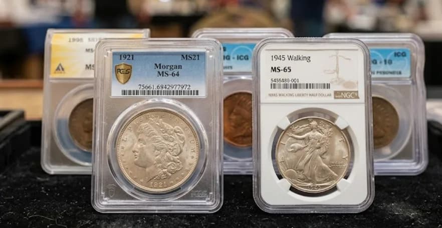 Four slabbed coins including a PCGS 1921 Morgan Dollar MS-64 and an NGC 1945 Walking Liberty Half Dollar MS-65