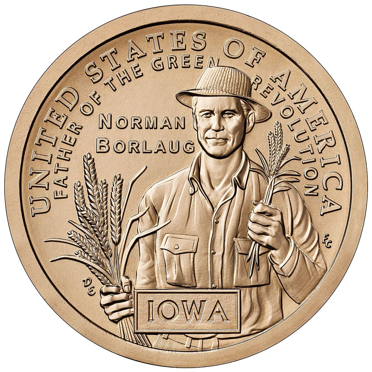Reverse of the 2026 Iowa American Innovation dollar, showing Norman Borlaug holding a sheaf of wheat (U.S. Mint image of the standard finish)